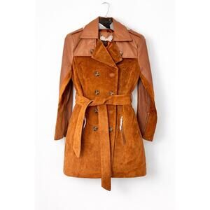 IMAN Global Chic Suede Leather Trench Belt 70s Retro Boho Coat Double Breast XS